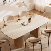 Square Dining Table White Ceramic Top Semi-cylindrical Wooden Base for 6 People